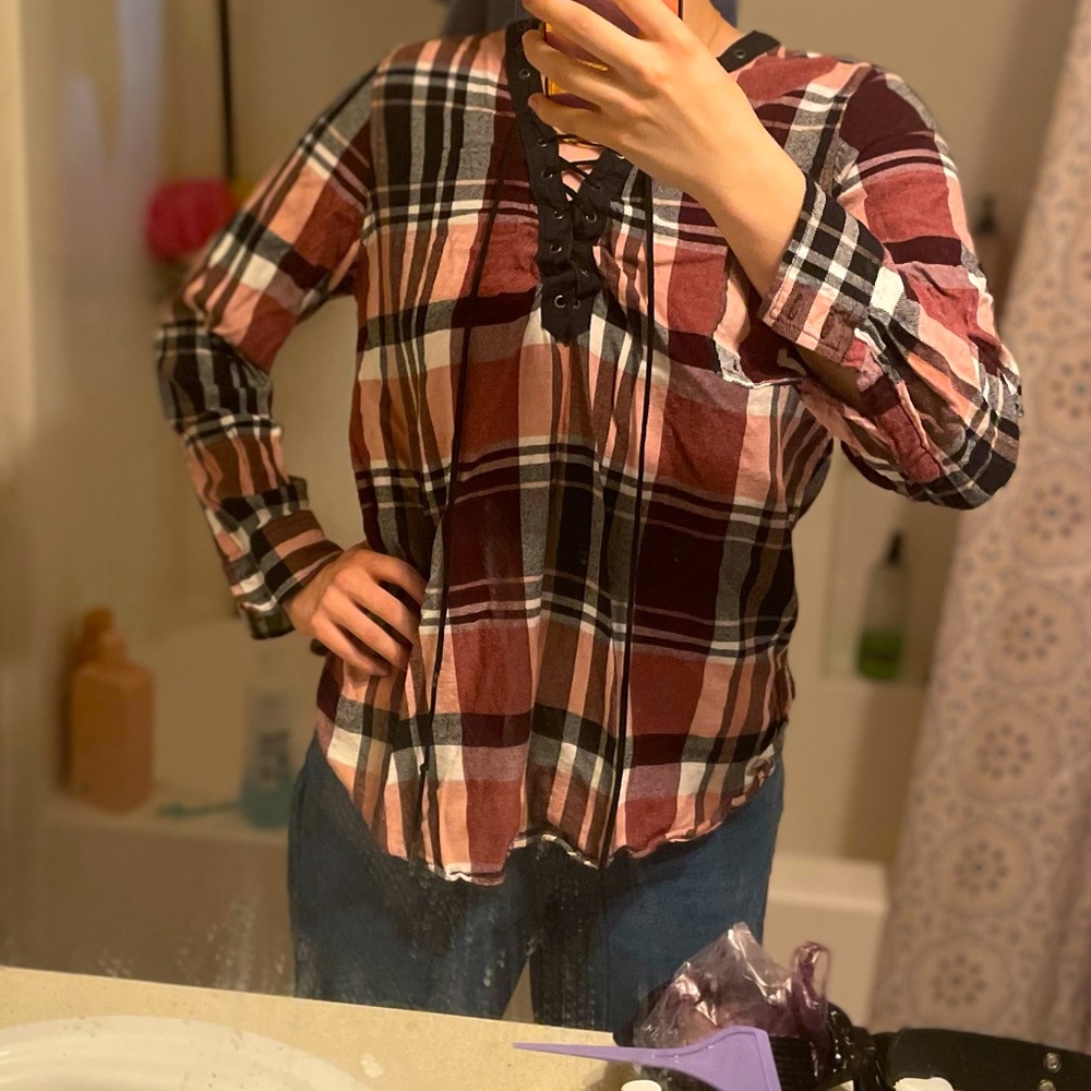 Arizona Jean brown plaid shirt with tied neck line